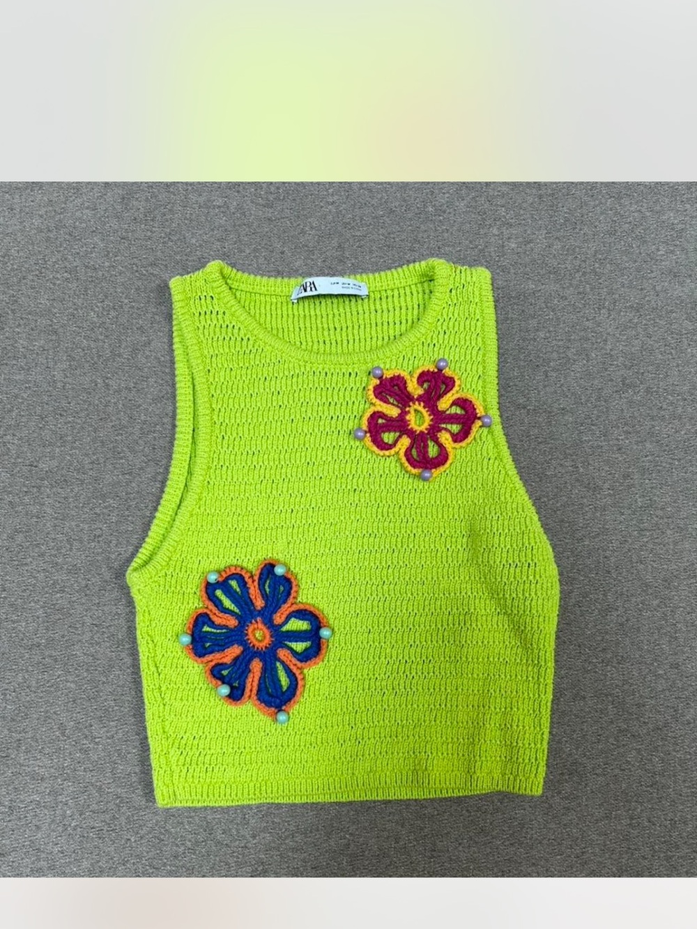 ZARA size M Lime Green Crochet Tank with Multicolor Floral Patches